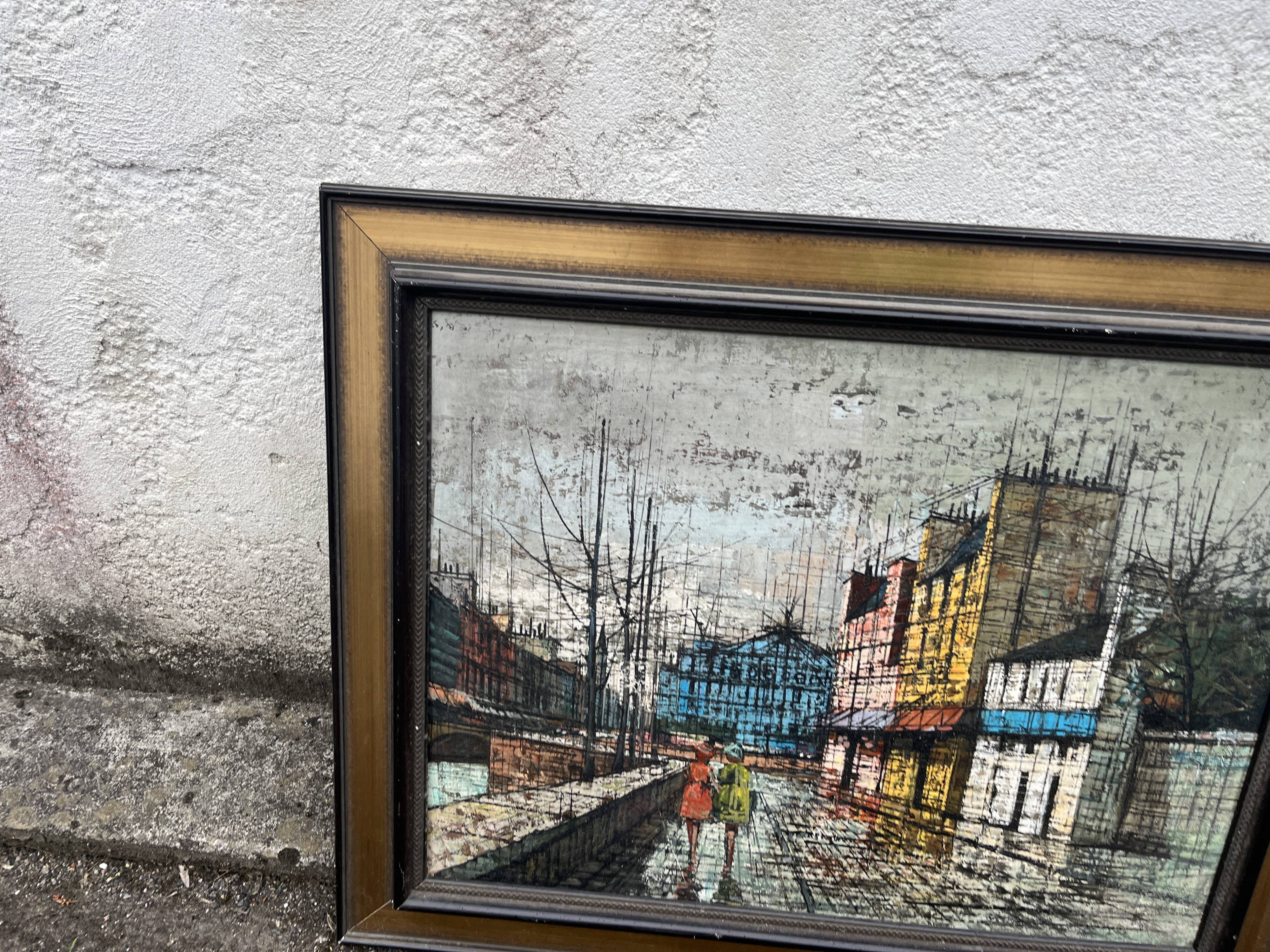 Grand tableau scene de rue urbaine esprit Bernard Buffet années 60