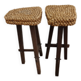 Paire de tabourets en corde tressée et pin sablé