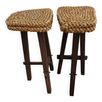 Paire de tabourets en corde tressée et pin sablé