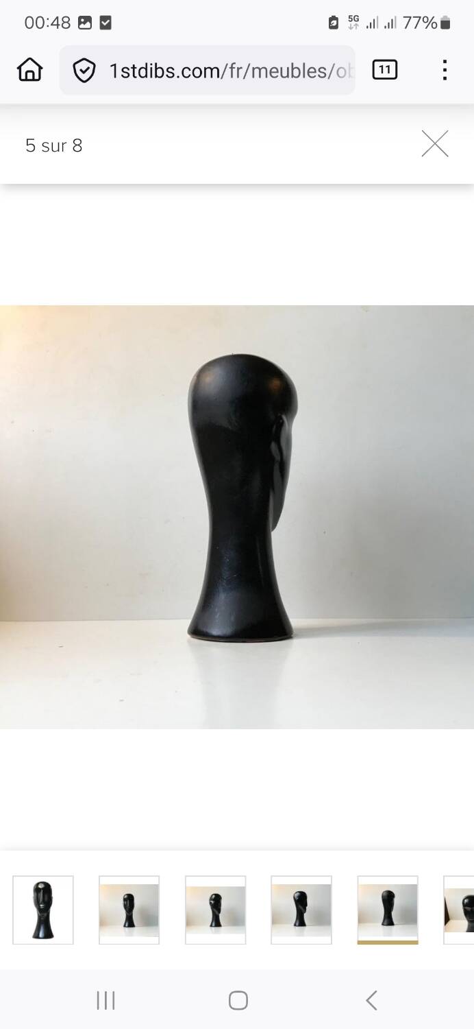 Modernist black ceramic sculpture – stylised head – 1960s