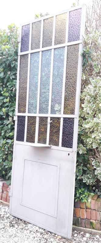 Workshop door 258.4x98.5cm in iron and colored cathedral glass
