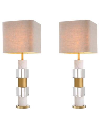 Pair of table lamps in patinated brass, white marble and crystal.