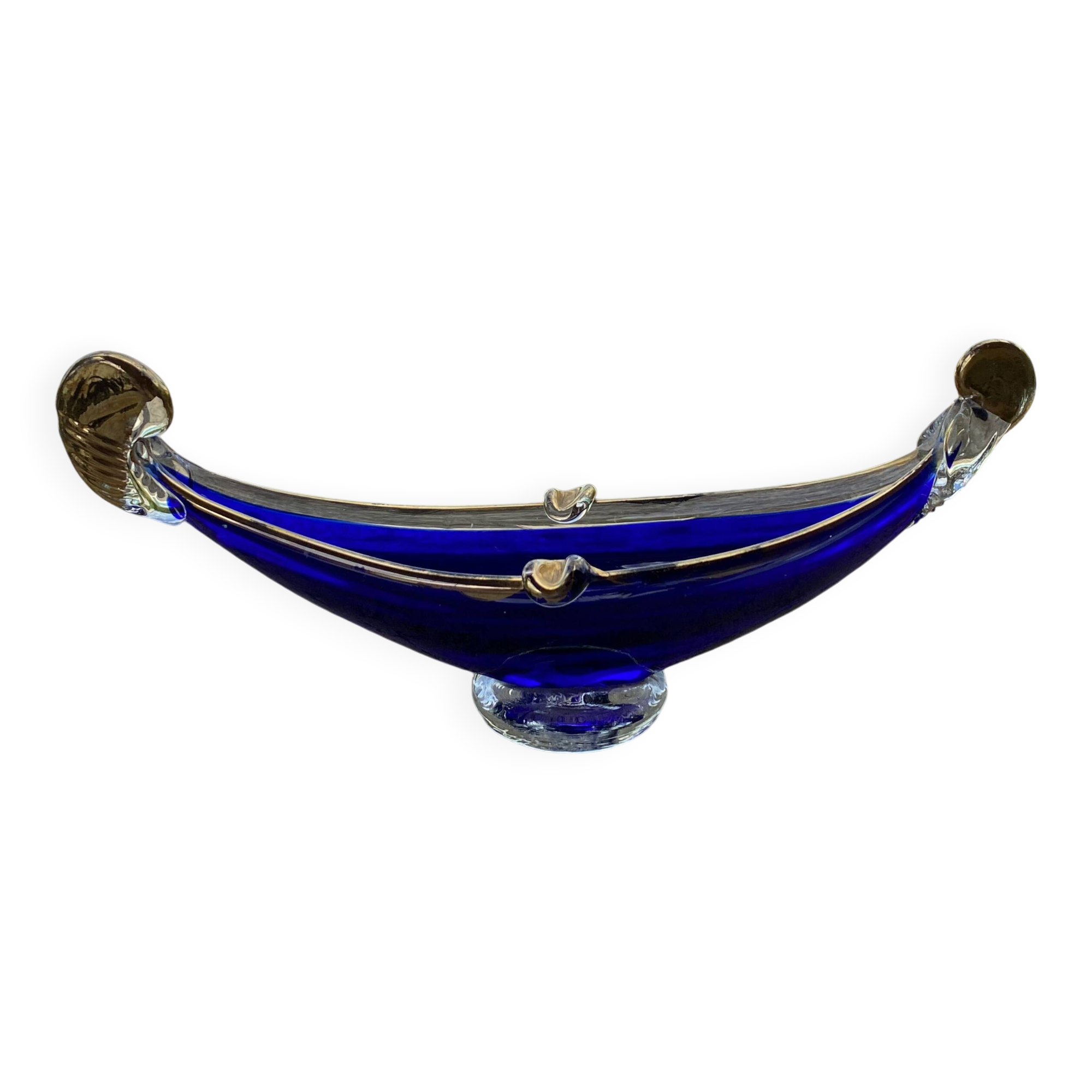 Vintage cobalt blue Murano glass gondola bowl with gilding.