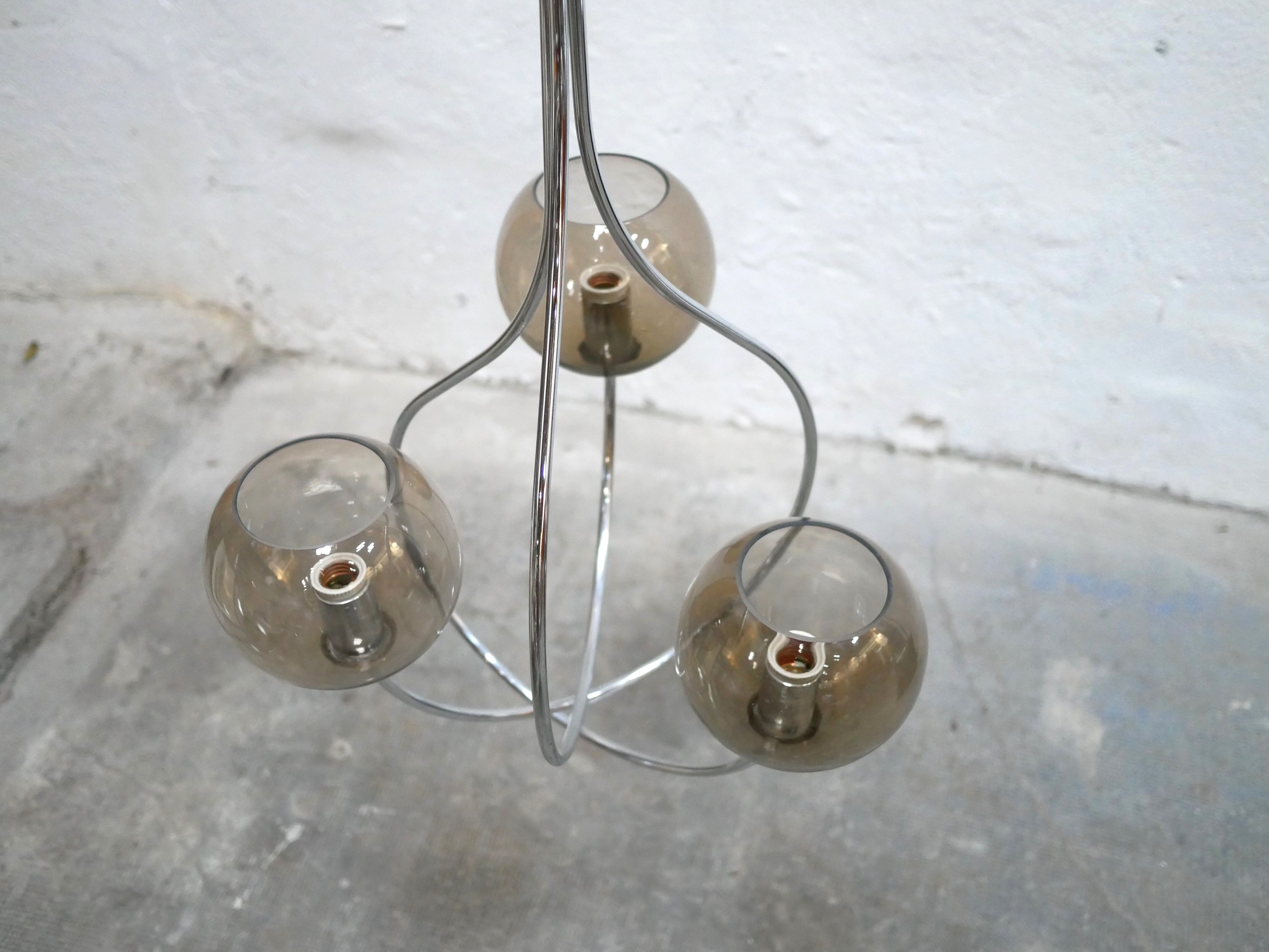 Vintage chandelier in chromed metal and smoked glass