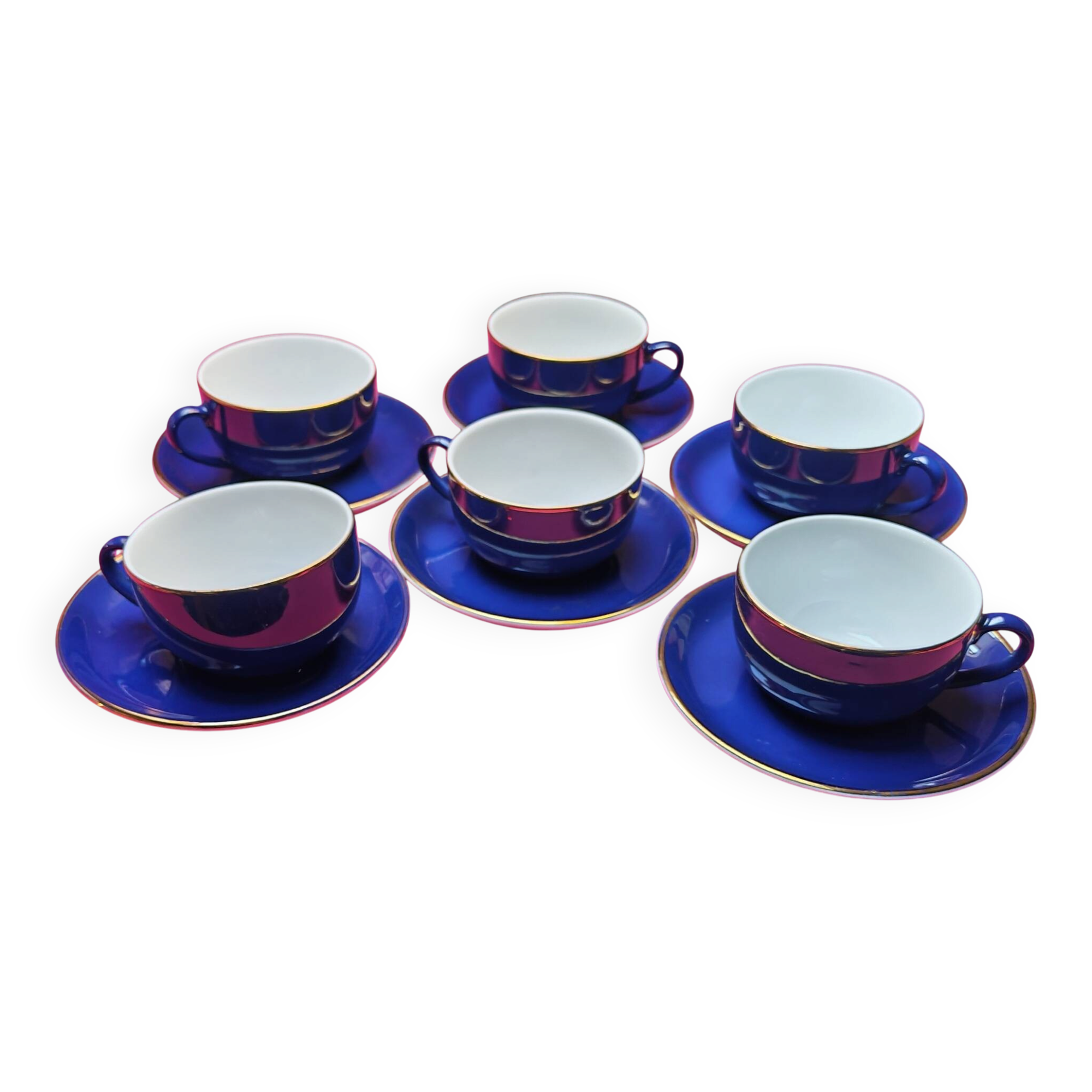 Service of 6 cups and saucers in cobalt blue with gold trim - Mitterteich