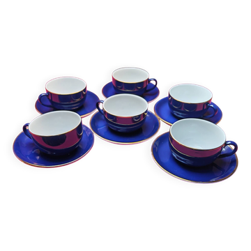 Service de 6 tasses et soucoupes bleu cobalt et filet or - Mitterteich