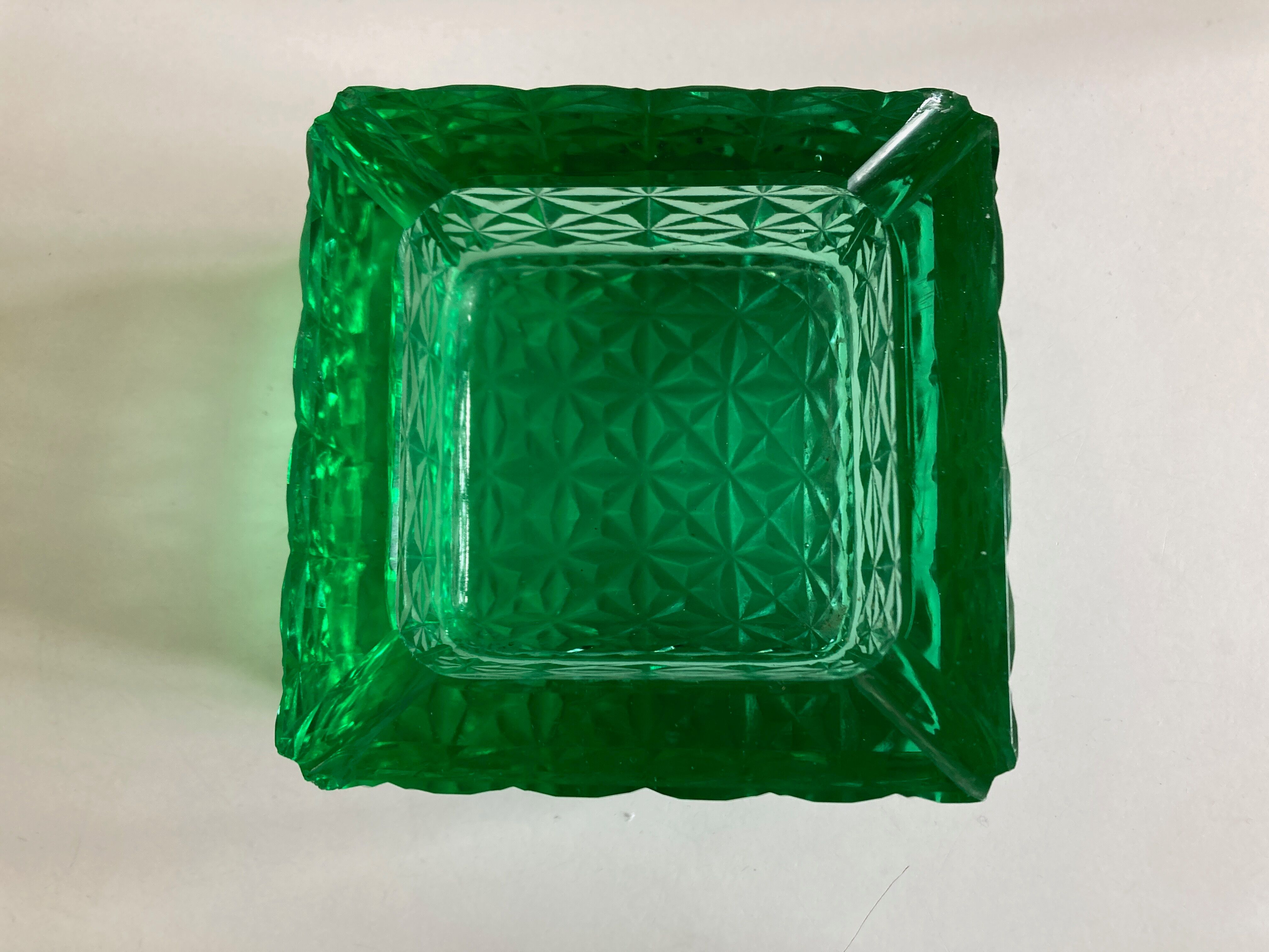 Green diamond cut glass ashtray 1980