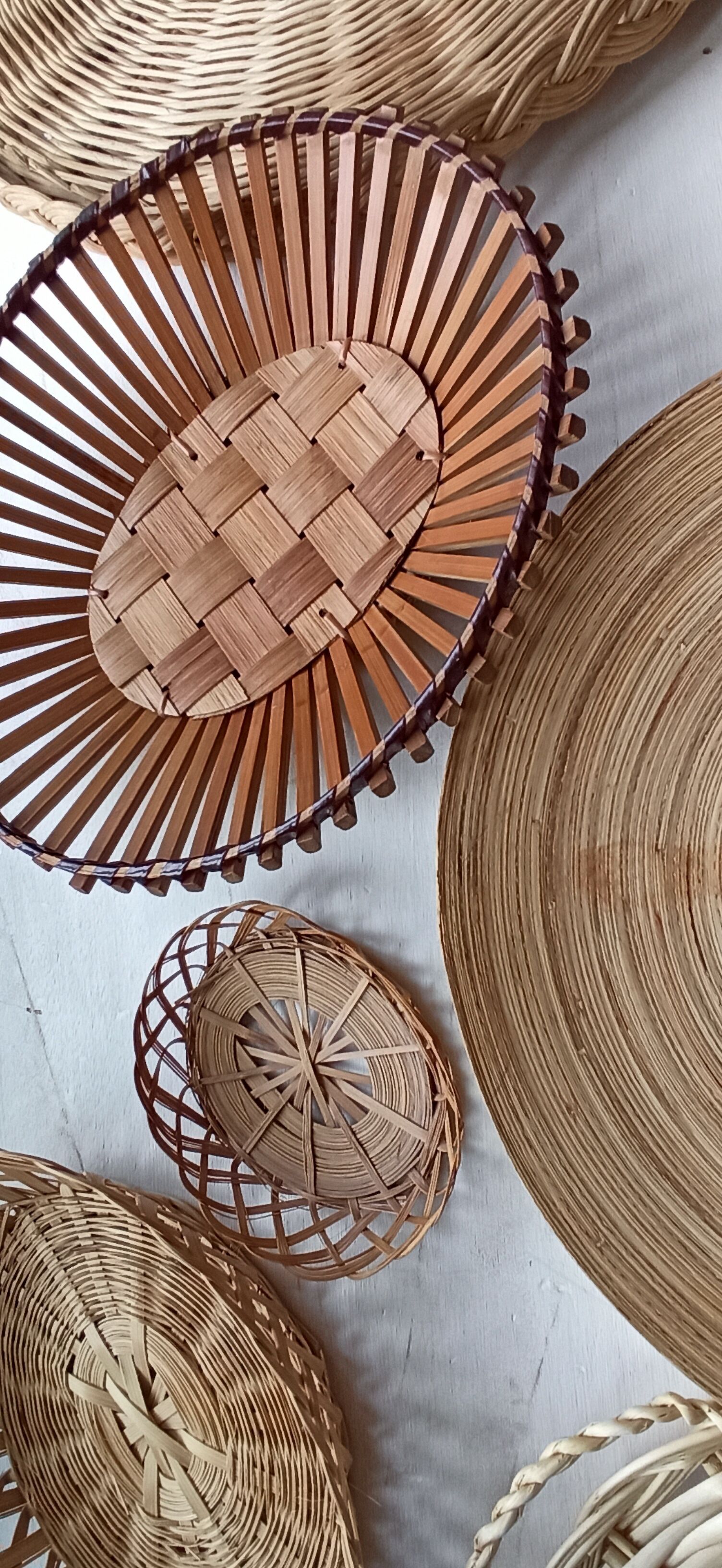 Wall composition of vintage baskets Osier and Bamboo