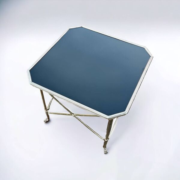 Table Bout De Canapé En Bronze Argenté De Style Néoclassique Et Opaline Noire Vers 1970