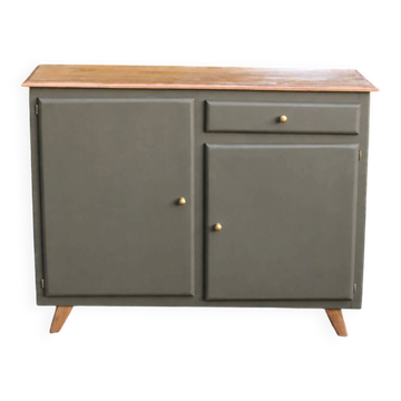 Buffet Mado vintage rénové kaki et bois – 2 portes et 1 tiroir