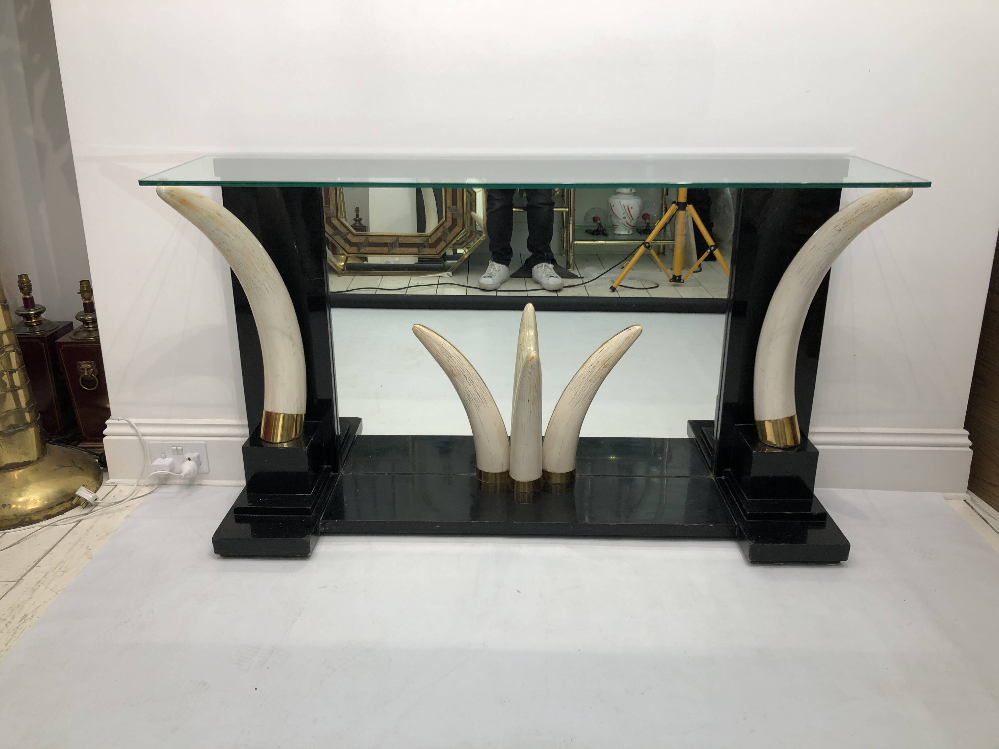 Versailles collection elephant faux tusk ebony console table mirror glass 1970s