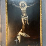 Beautiful religious work from the 17th century, oil on panel representing Christ on his cross with Mary Magdalene at his feet