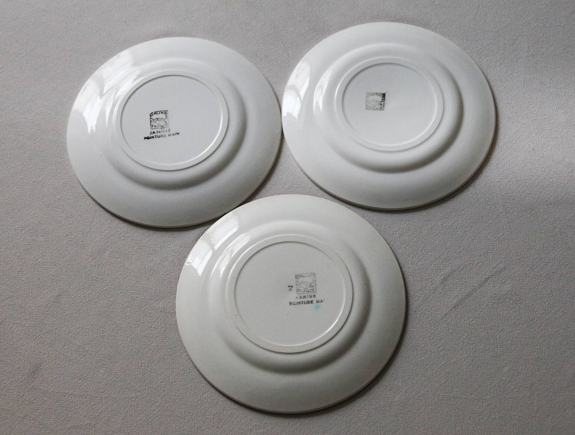 3 dessert plates earthenware Salins France hand-painted