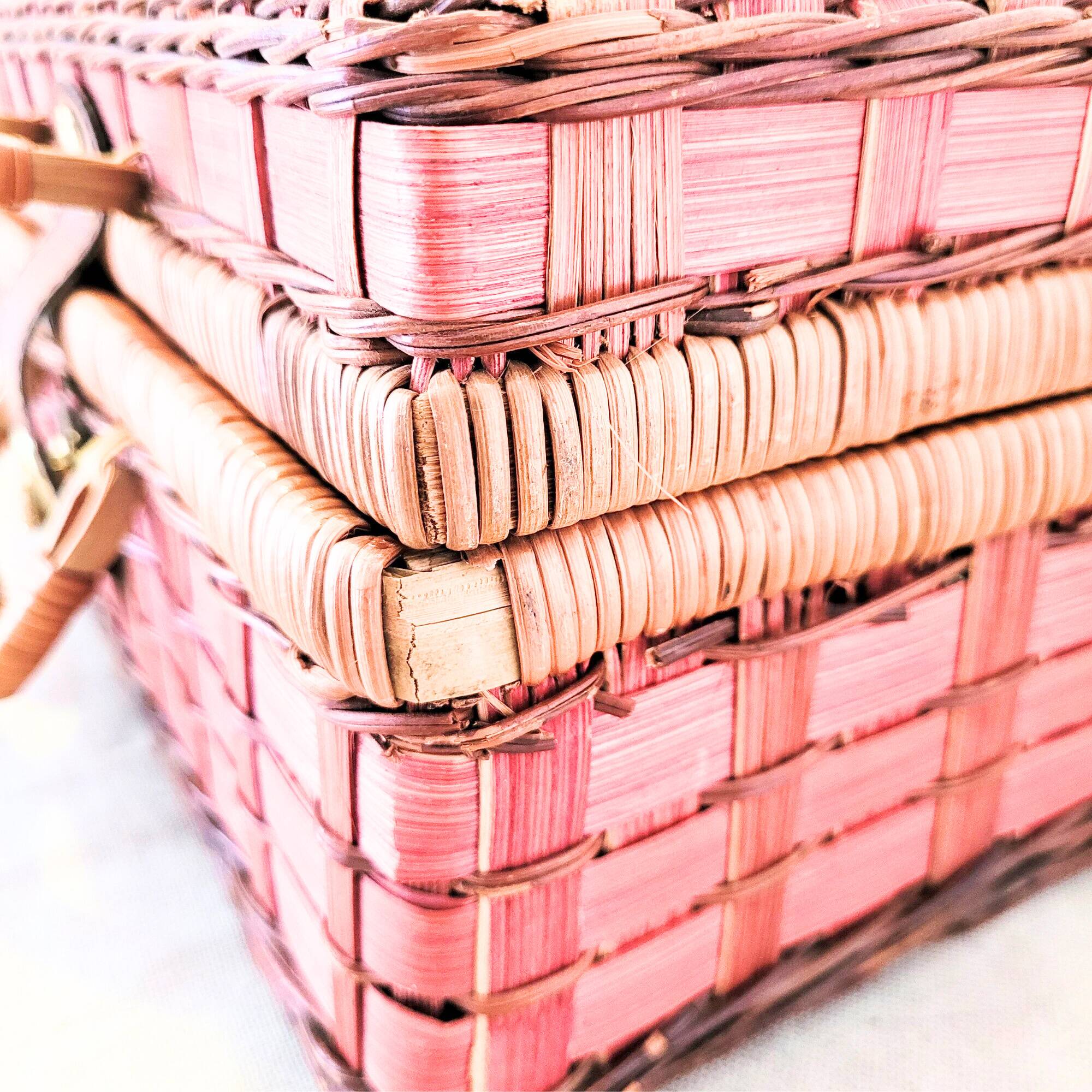 Vintage red woven wicker briefcase with leather buckle - rattan