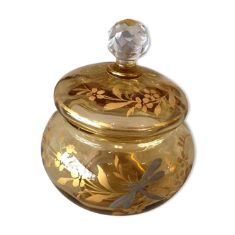 Amber yellow glass candy box, decorated with foliage and a dragonfly