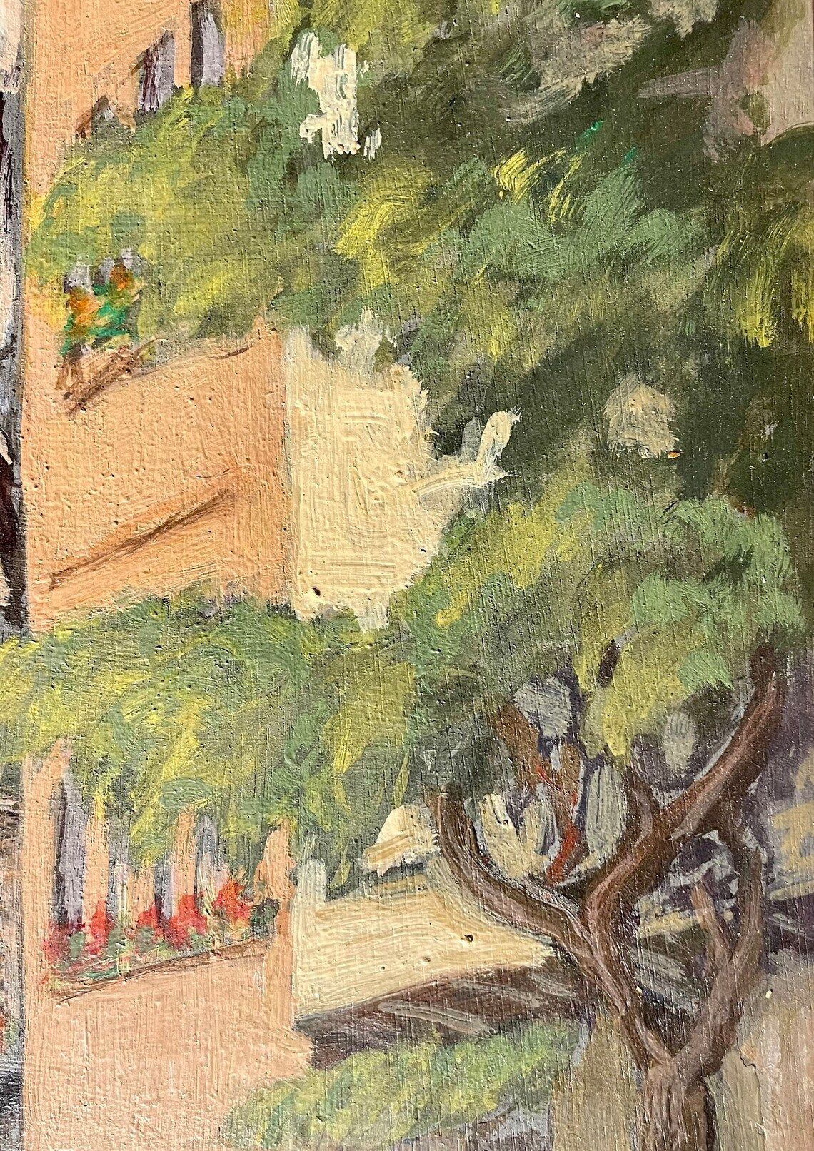 1940s French oil painting on wood. Cityscape