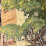 1940s French oil painting on wood. Cityscape