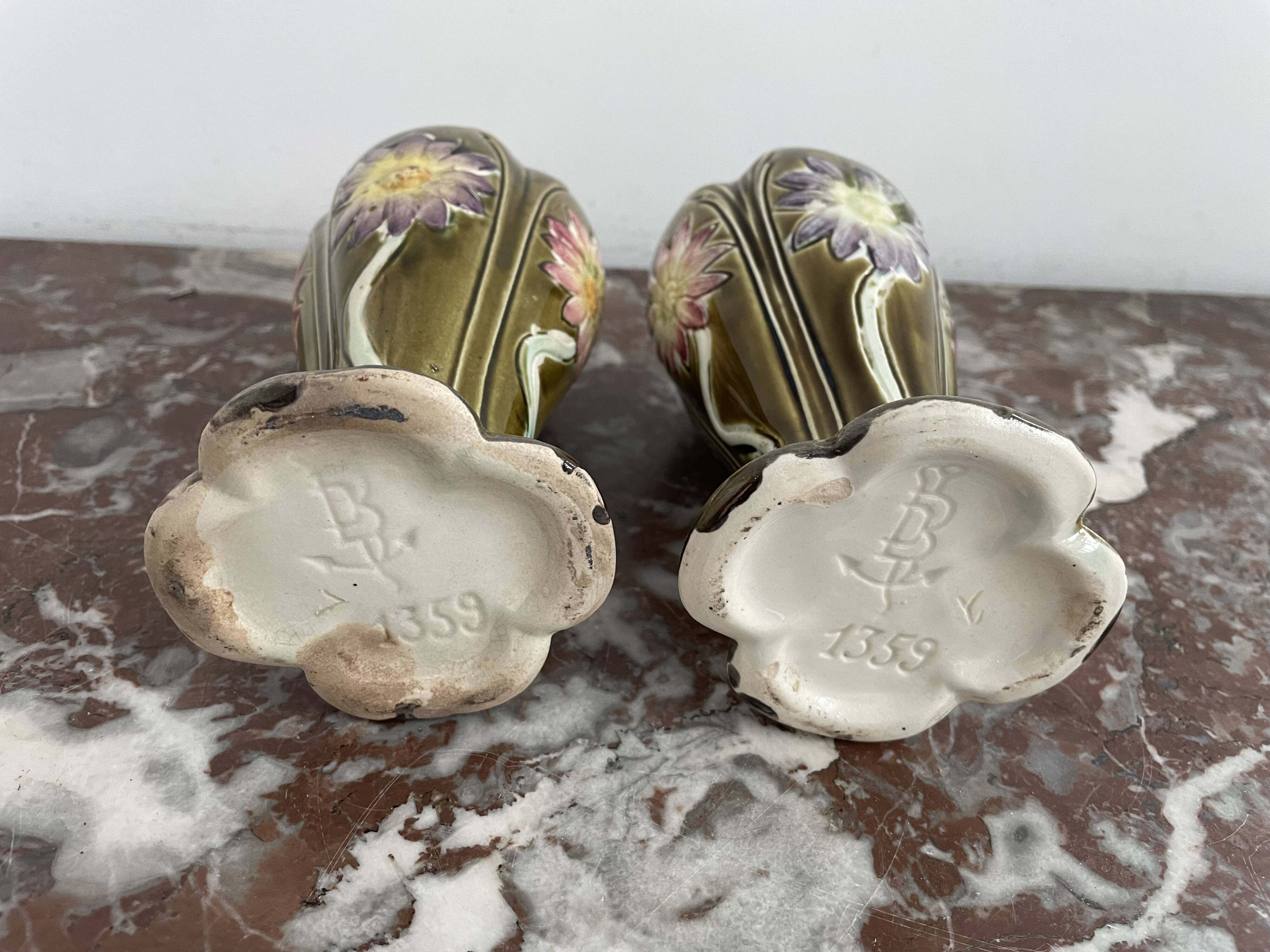 Barbotine vases, pair, Art Nouveau, DE BRUYN earthenware, signed, numbered