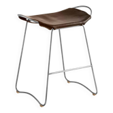 Old Silver Steel Kitchen Stool and Dark Brown Leather, Contemporary Style