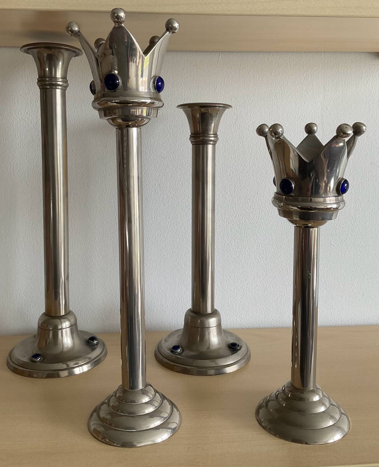 Set of 4 Art Deco candlesticks in silver-plated metal and lapis lazuli