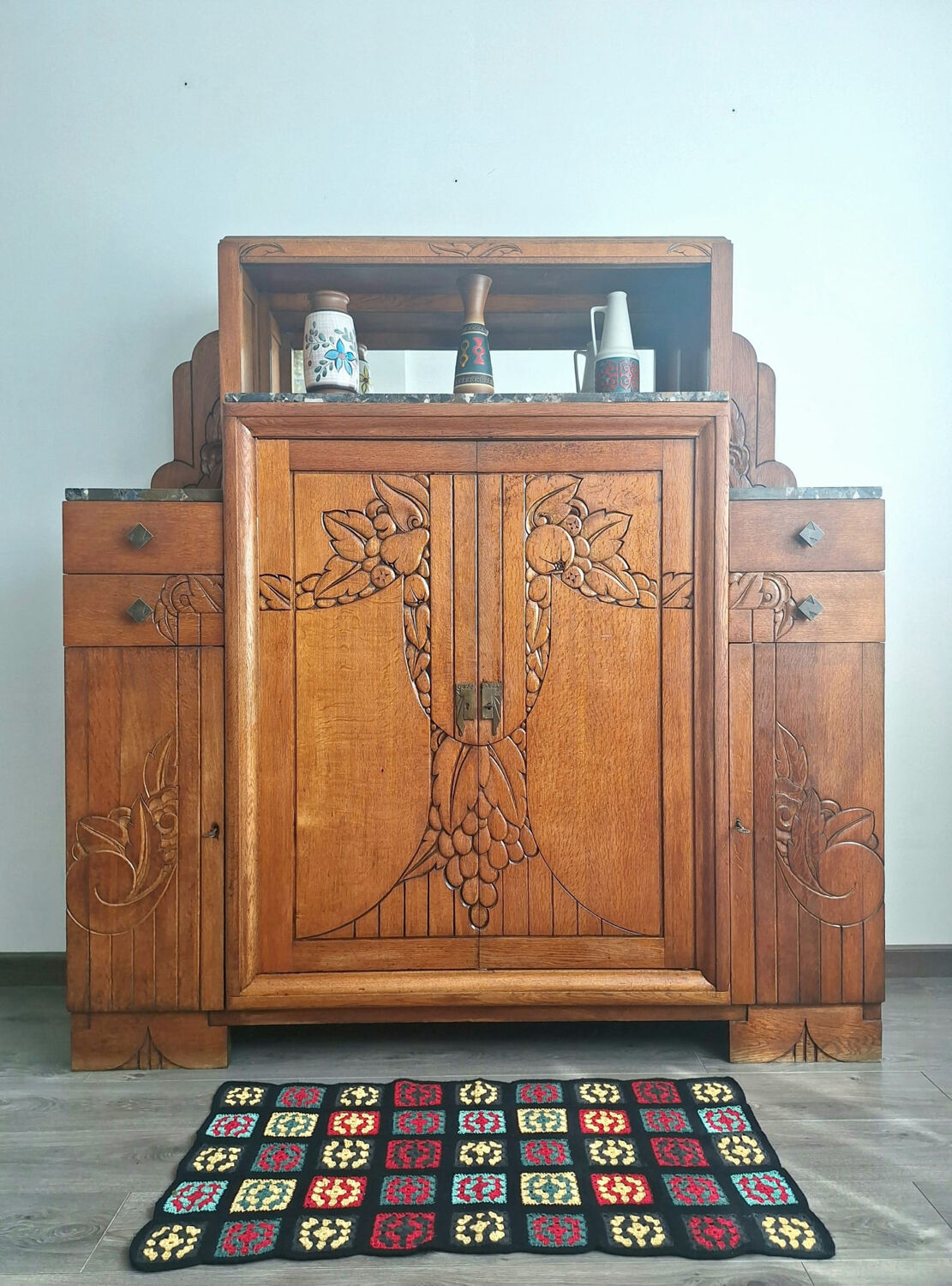 Art Deco buffet, marble trays, antique sideboard, display cabinet.