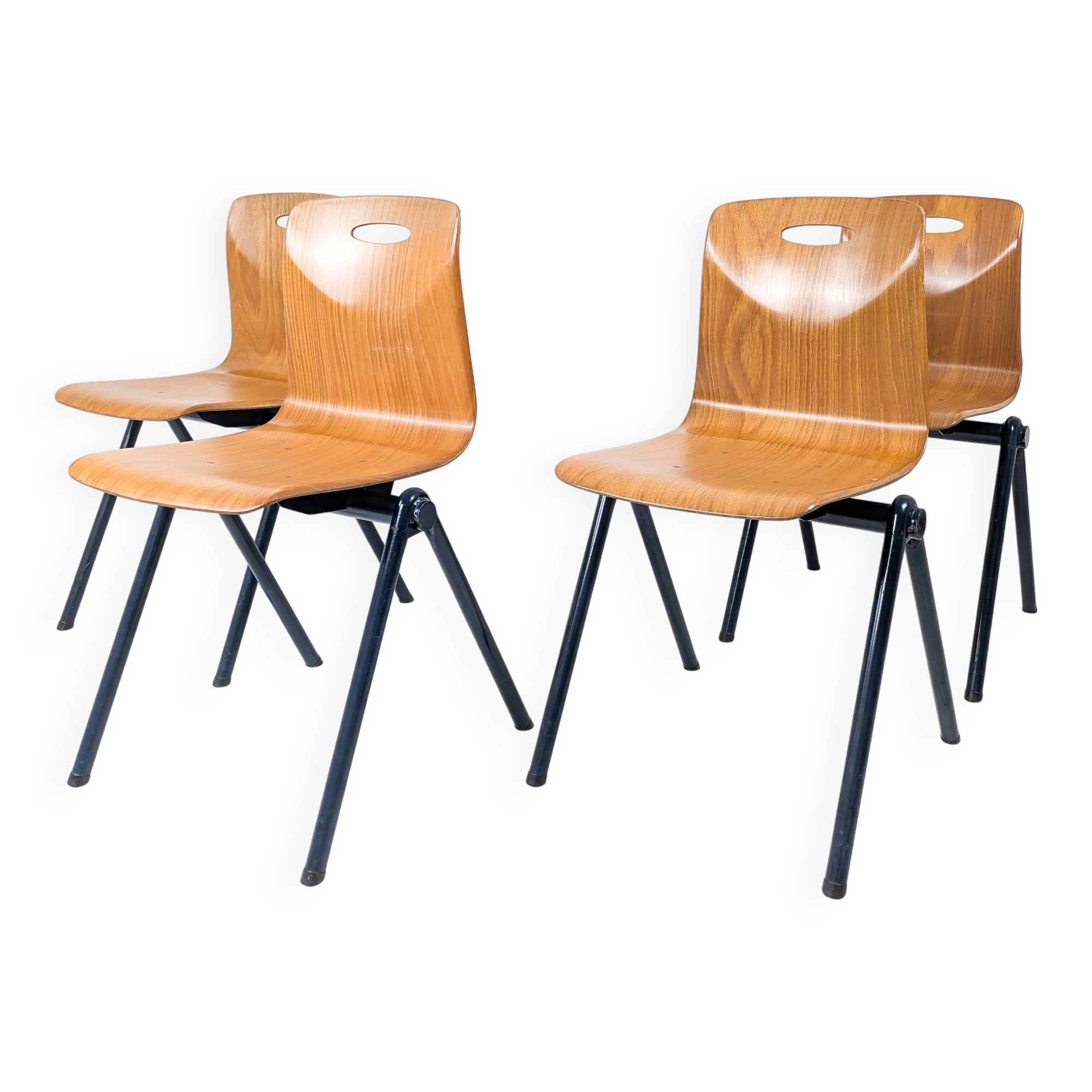 Lot de 4 chaises empilables vintage métal bois, style industriel Mid-Century