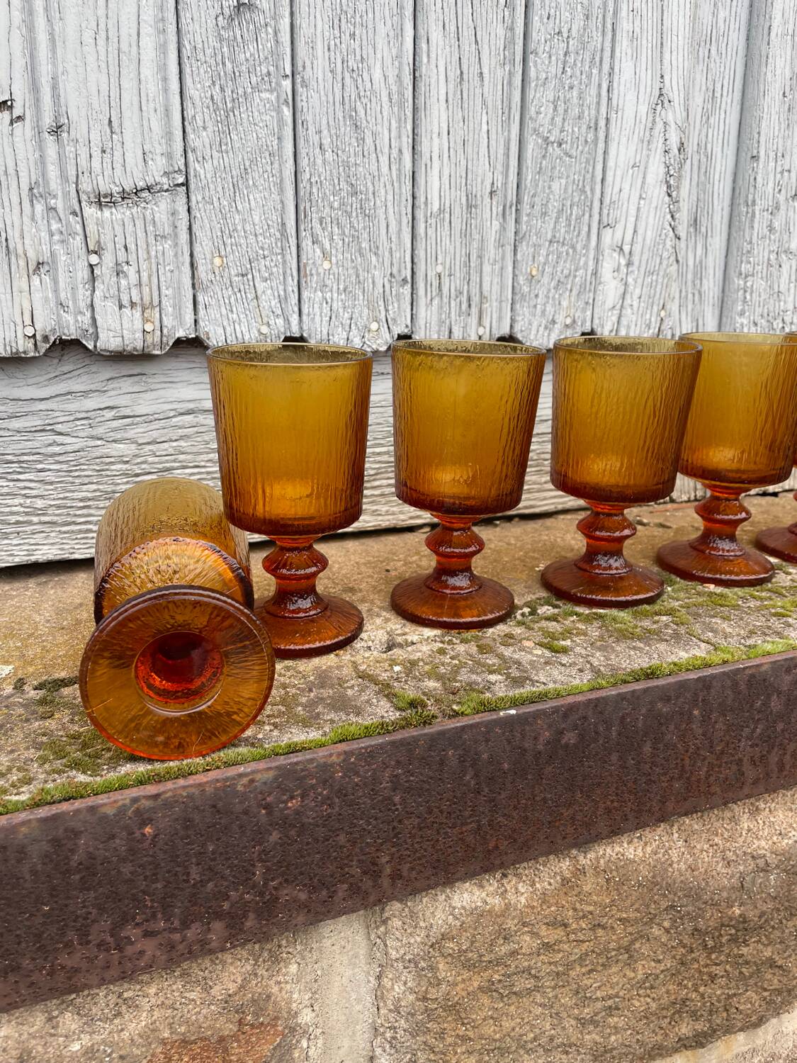 8 vintage amber moulded glass glasses