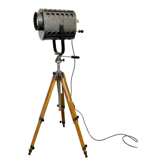 Vintage Grey Theatre Spotlight on Wooden Tripod, 1970s