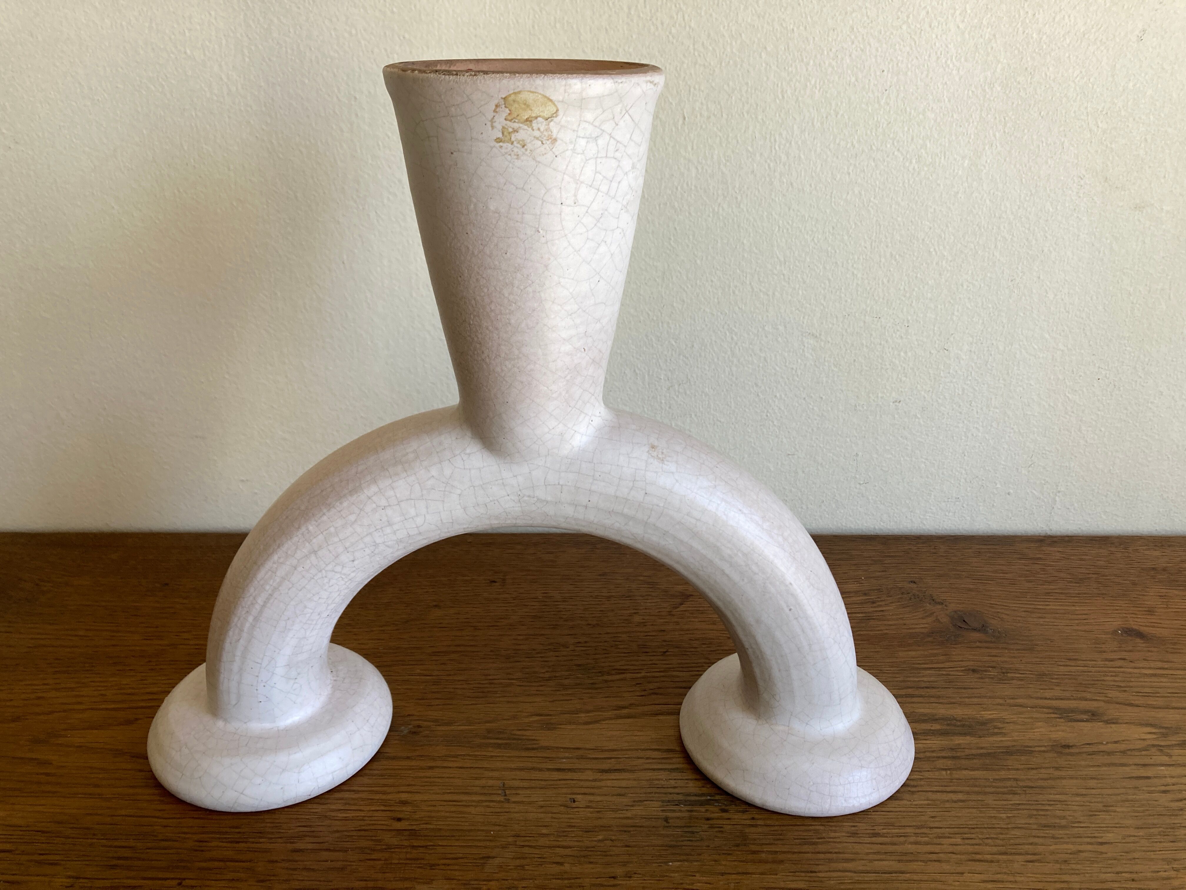 Brutalist candle holder made of white chamotte clay, 1980.