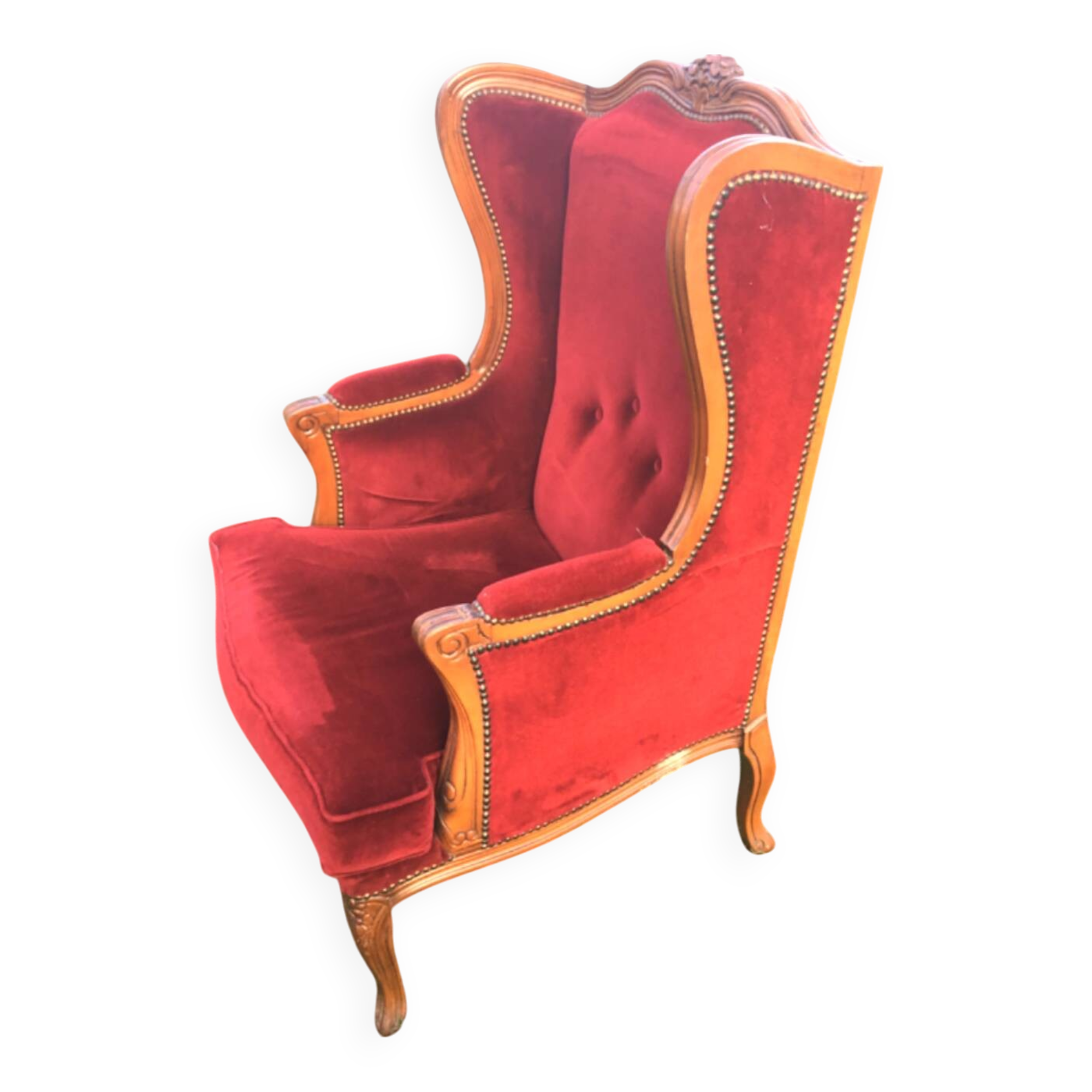 Louis XV style carved wooden shepherdess chair. Red velvet