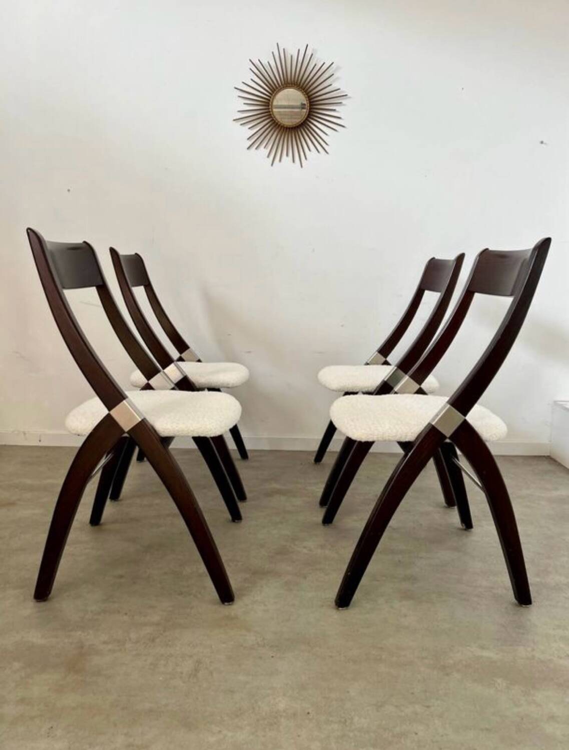 Set of 4 vintage 70s Italian design wooden and terry chairs