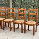 4 Vintage Farmhouse Style Dining Chairs in Solid Oak Straw Wood