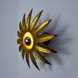 Sun wall lamp by ferro arte, metal and gold leaf, Spain, 1960