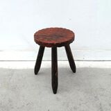 Tabouret brutaliste en bois massif, Espagne 1970