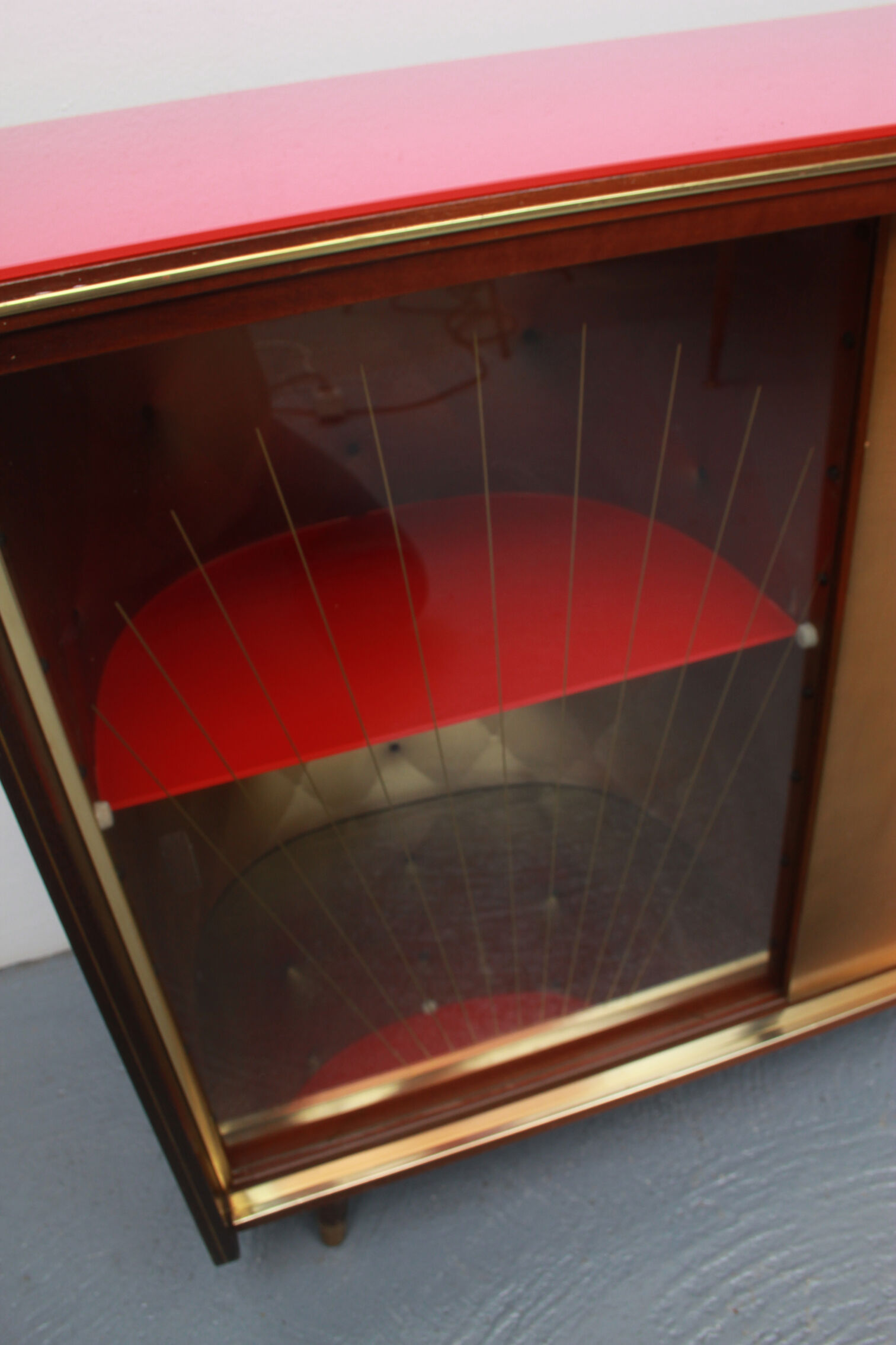 1950s bar cabinet in maple and glass