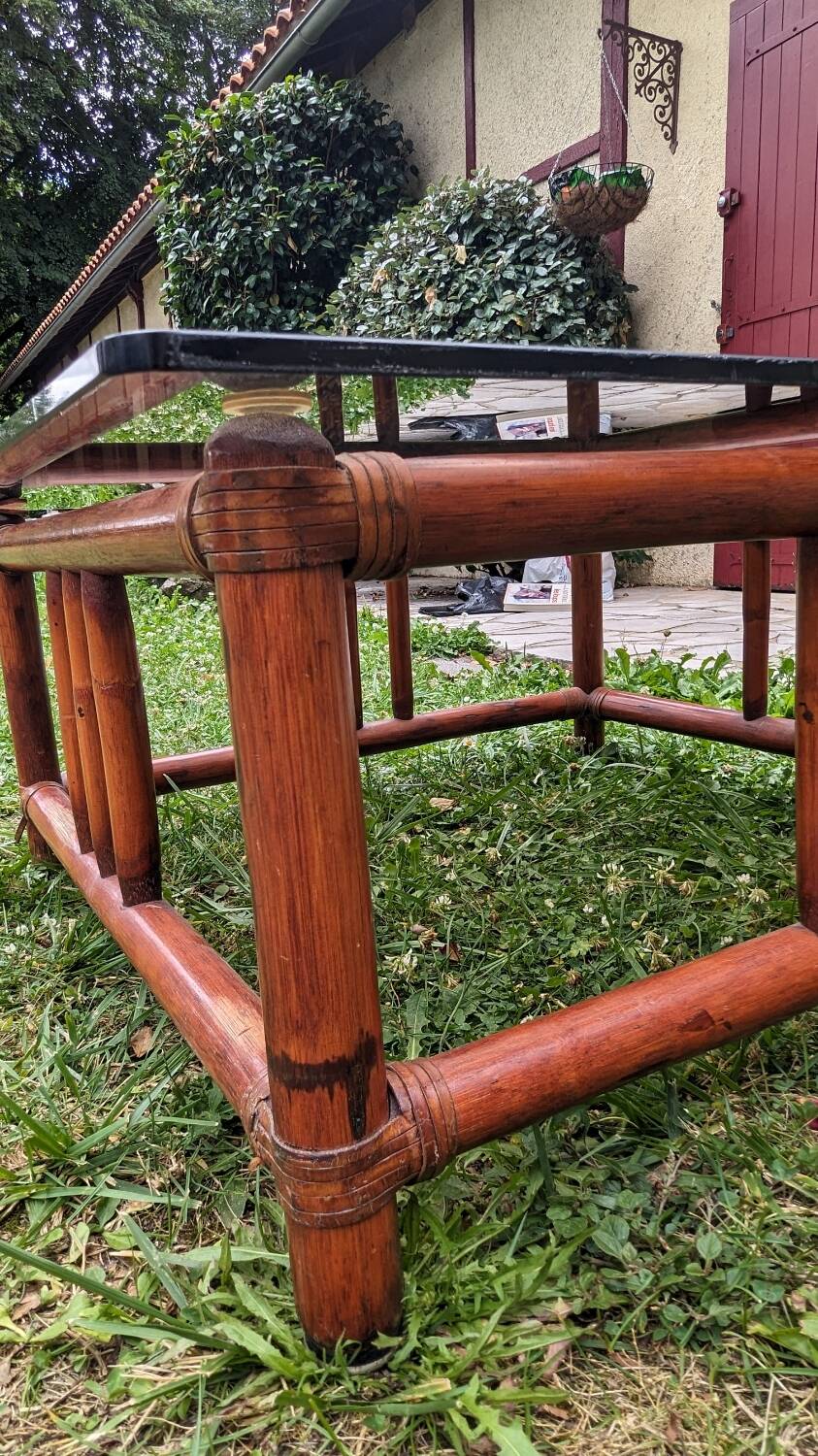 Vintage bohemian chic 70s smoked glass bamboo coffee table