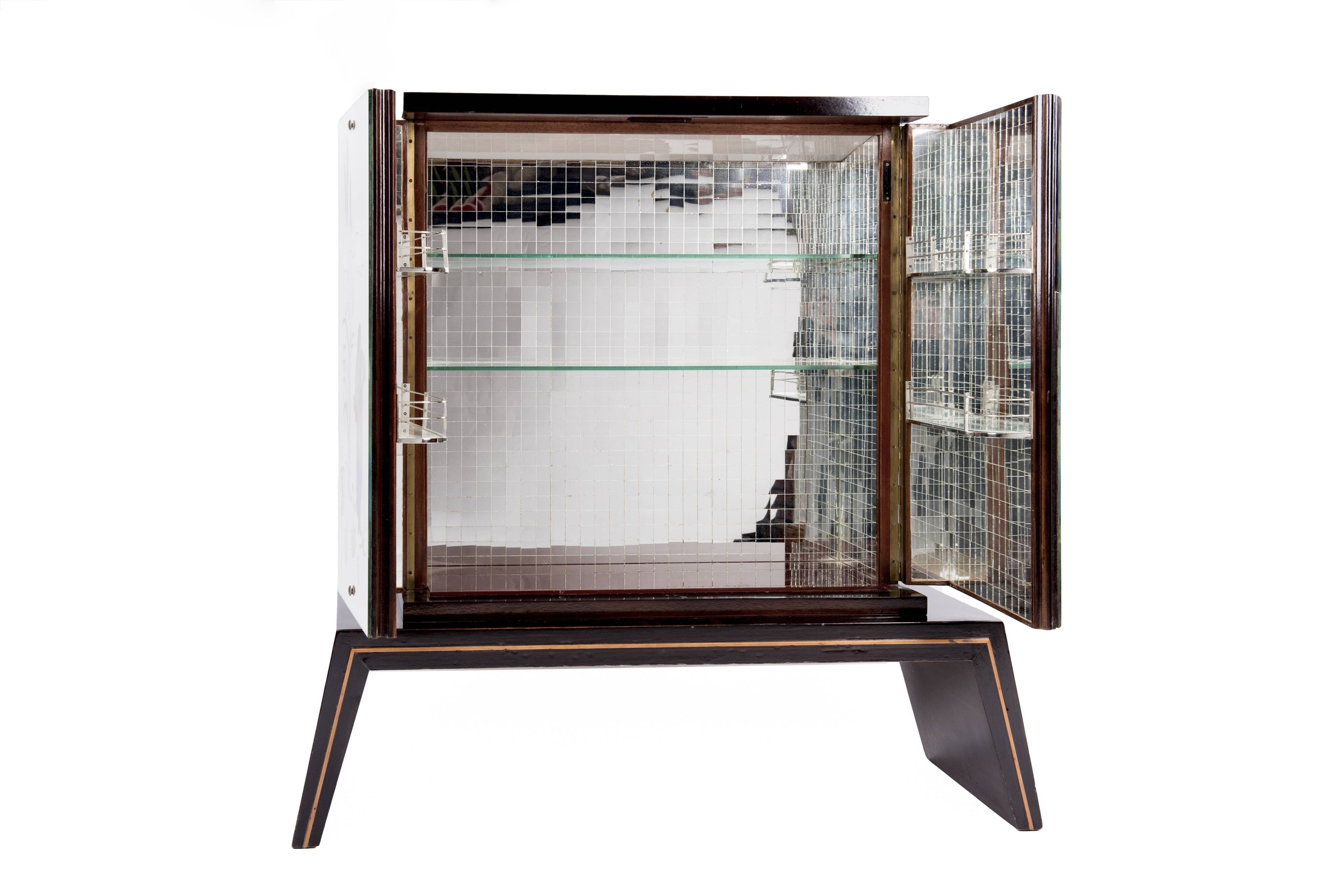 Art-deco bar furniture in macassar and acid-engraved mirror
