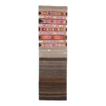 Tapis couloir vintage turc Oushak fait à la main en laine et coton marron 75x254