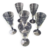 6 Vintage Crystal Champagne Flutes. Engraved Decor