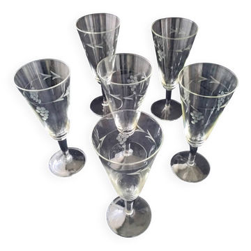 6 vintage engraved crystal champagne flutes