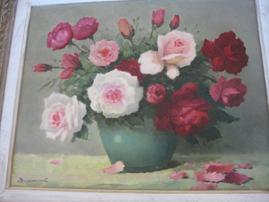 Old painting, bouquet of roses of love in a vase, signed bessonnat