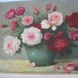 Old painting, bouquet of roses of love in a vase, signed bessonnat