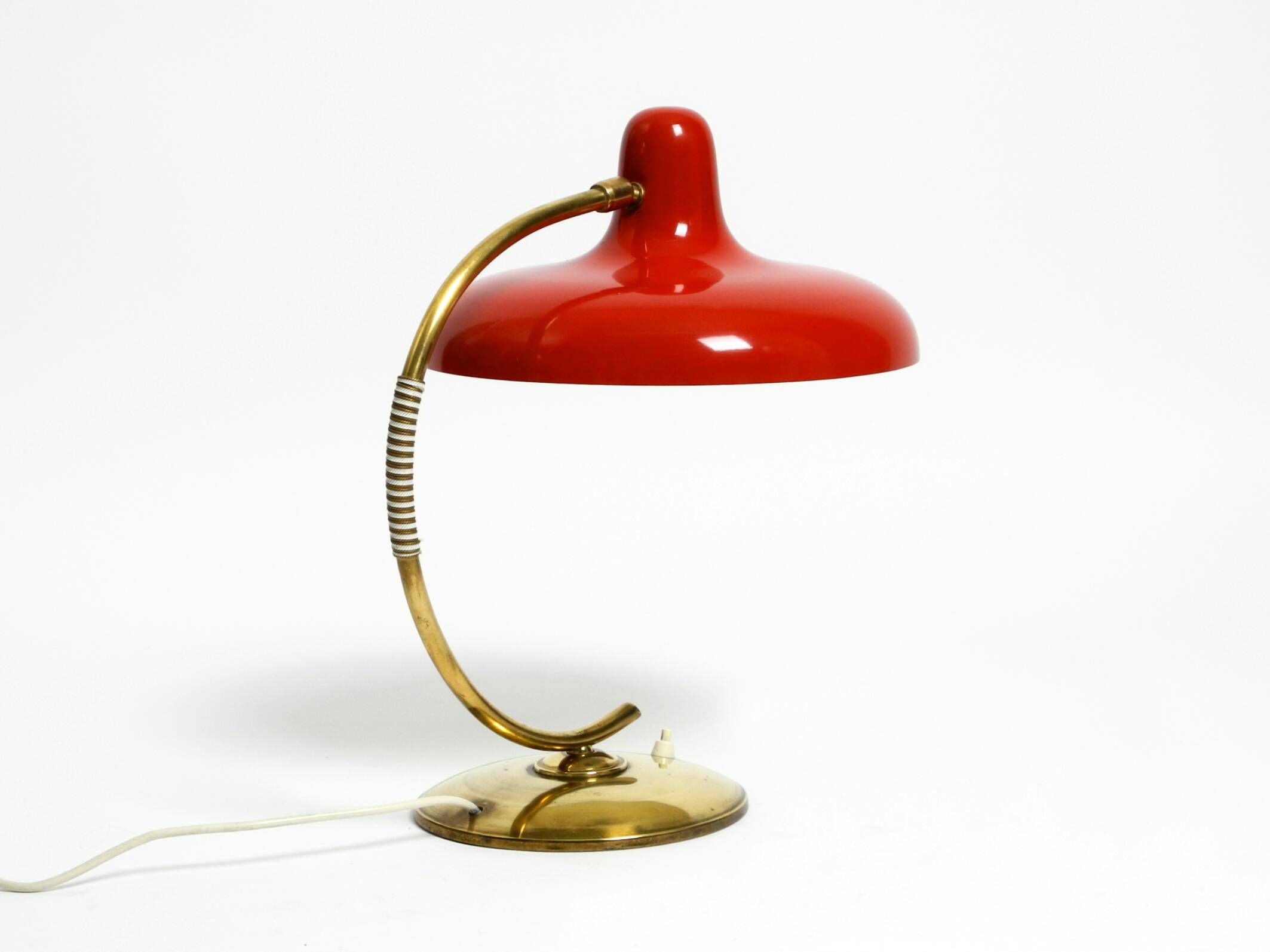 Beautiful large Mid Century Modern brass table lamp with red metal shade