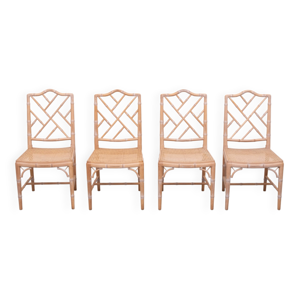 Ensemble de 4 chaises Chinoises Chippendale Style Régence Chic avec assise en rotin tressé