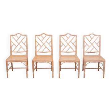 Set of 4 Chinese Chippendale Chairs Chic Regency Style Seating Woven Cane