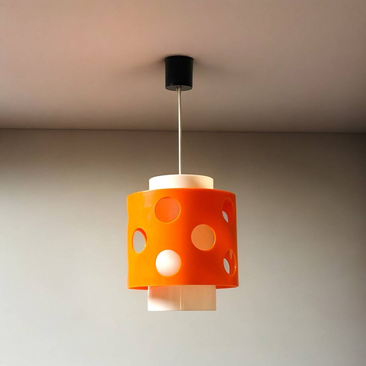 Space Age Hanging Lamp in Orange and White Polycarbonate, 1970s