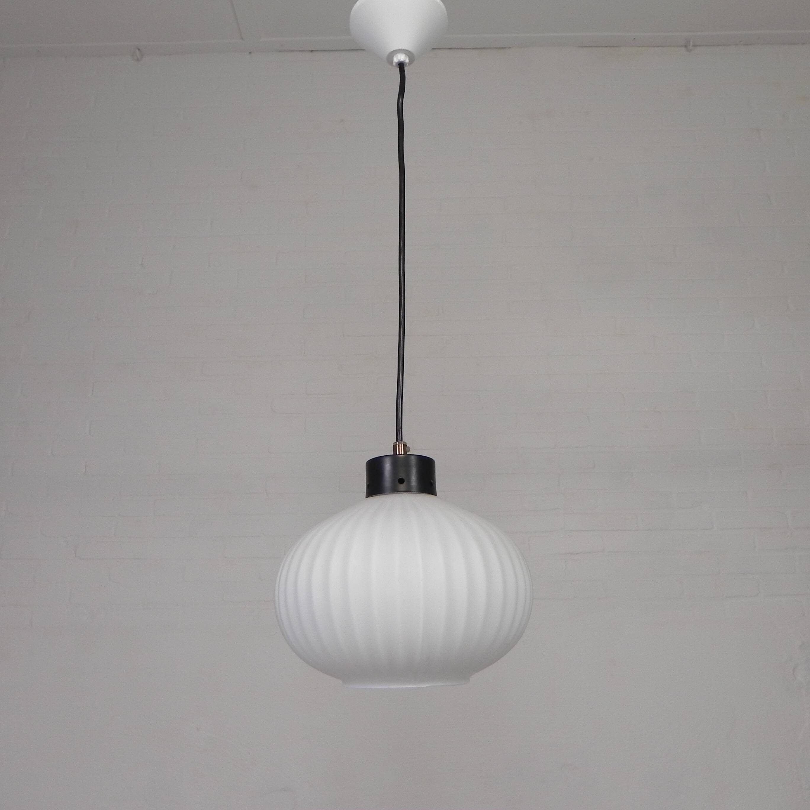 Vintage pendant lamp with white ribbed glass ball, 1960s