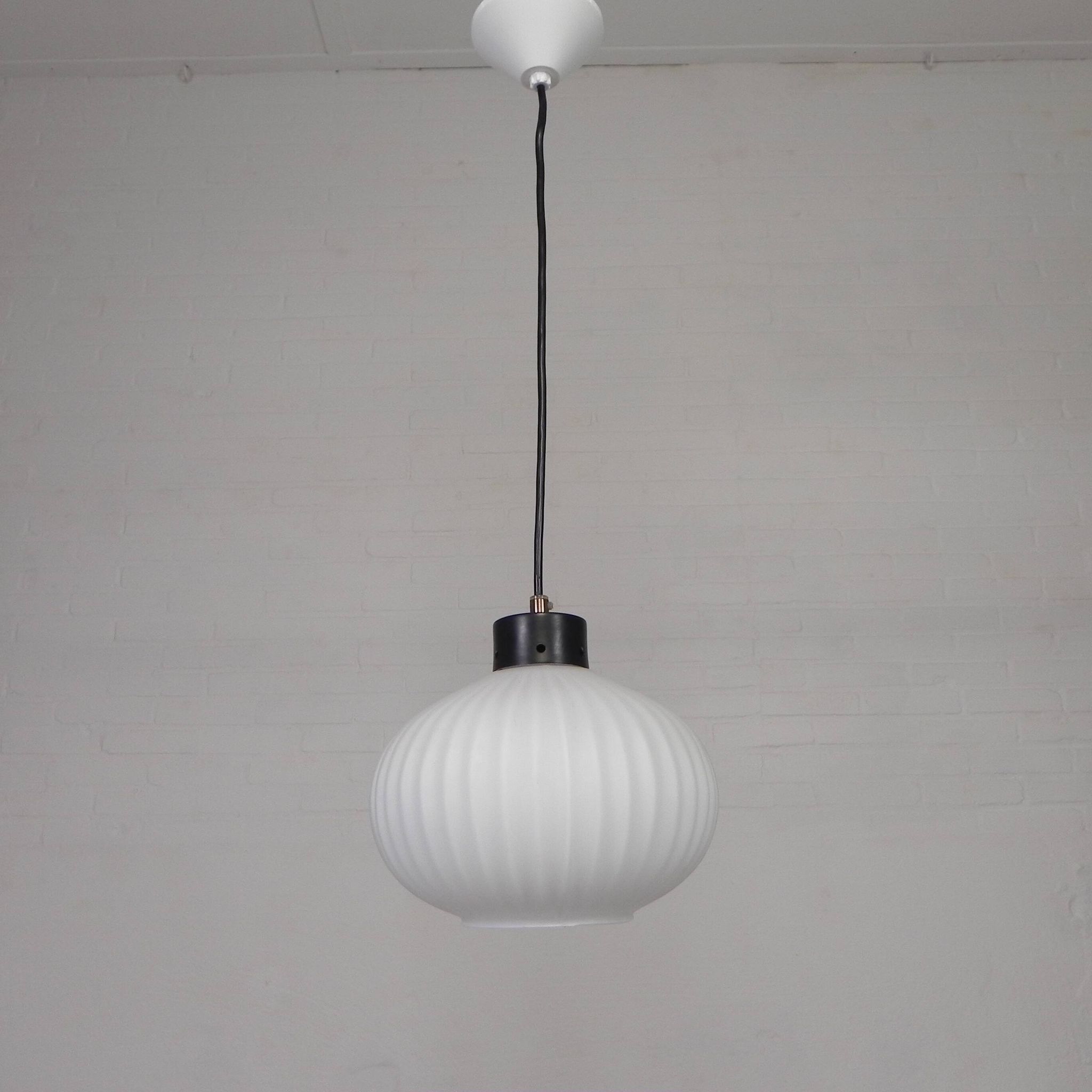 Vintage pendant lamp with white ribbed glass ball, 1960s