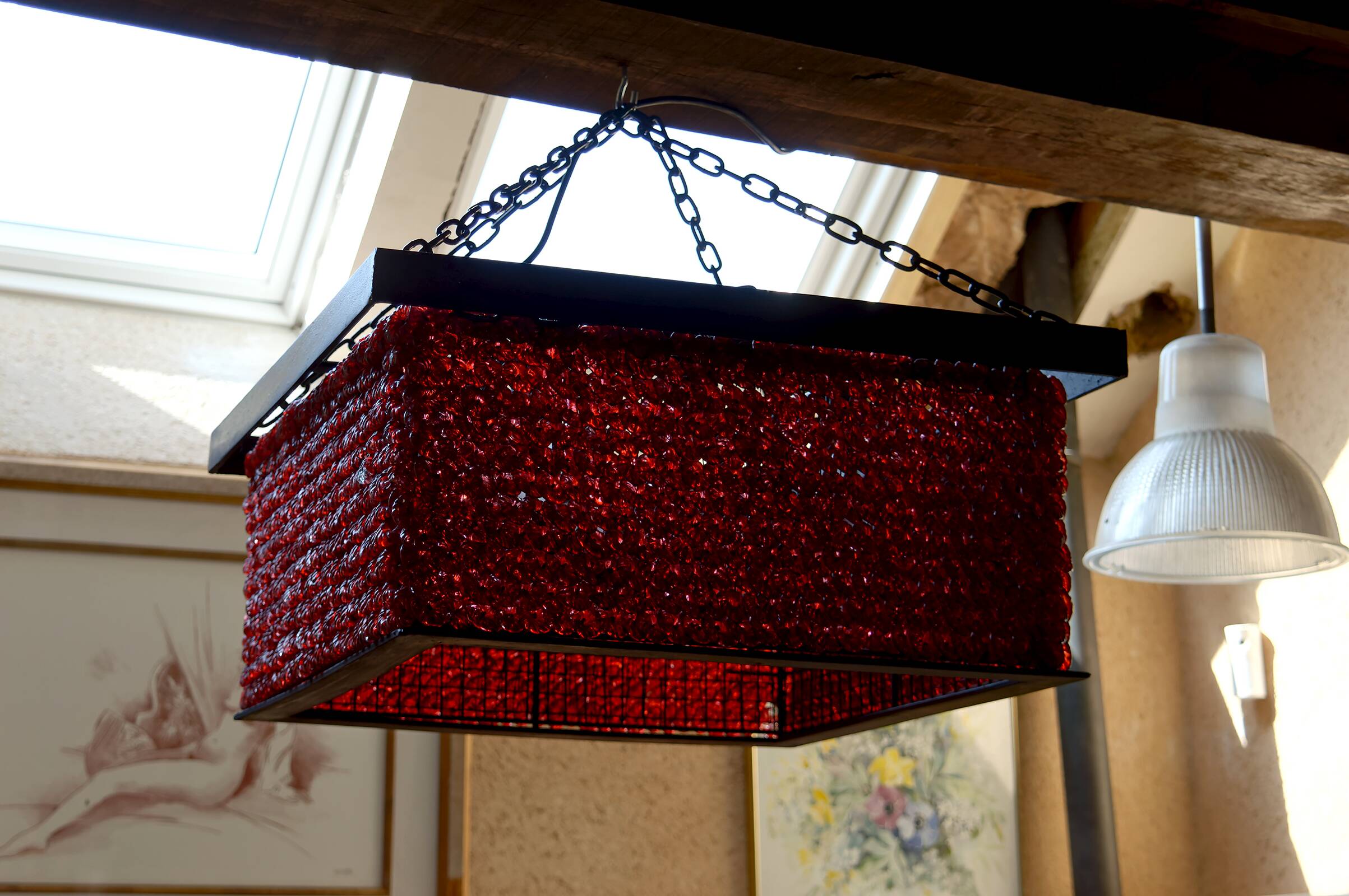 Important Red Glass Bead Chandelier, Murano, Brutalism, c. 1970