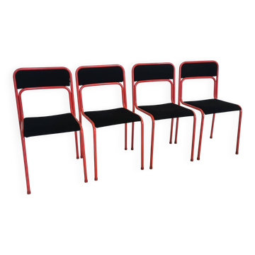 Set of 4 1970s Red & Black Metal Chair: Space Age Stackable Dining Chair